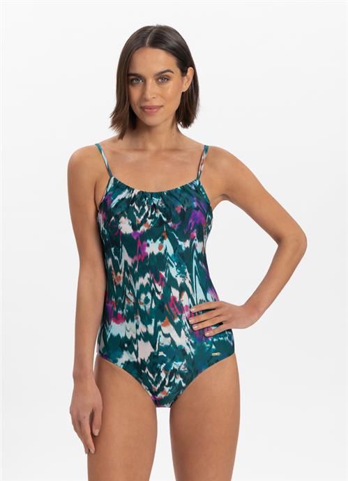 Ikat teal ruched neckline swimsuit 310341-708
